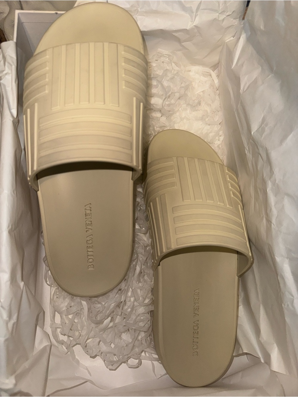 Bottega Veneta Cream Rubber Logo Slide Sandals